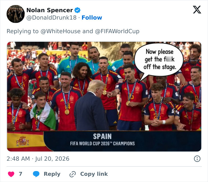 Screenshot of a tweet with a meme of a player asking Donald Trump to leave the FIFA World Cup Final stage. Screenshot of a tweet with a meme of a player asking Donald Trump to leave the FIFA World Cup Final stage.
