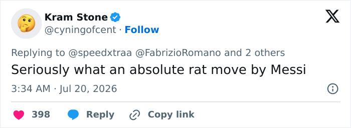 Tweet by Kram Stone criticizing Lionel Messi's 'rat move' during World Cup Final, reflecting fan backlash. Tweet by Kram Stone criticizing Lionel Messi's 'rat move' during World Cup Final, reflecting fan backlash.