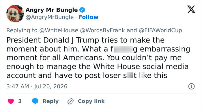 Tweet criticizing Donald Trump's presence at FIFA World Cup Final in New York. Tweet criticizing Donald Trump's presence at FIFA World Cup Final in New York.