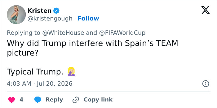 Tweet questioning Donald Trump's interference at FIFA World Cup Final in New York. Tweet questioning Donald Trump's interference at FIFA World Cup Final in New York.