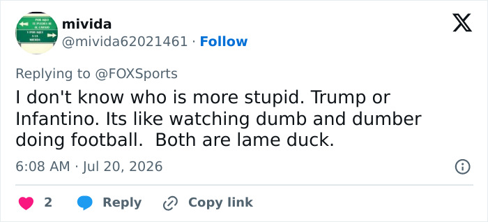 Screenshot of a tweet discussing Donald Trump and Infantino as lame ducks during FIFA World Cup Final. Screenshot of a tweet discussing Donald Trump and Infantino as lame ducks during FIFA World Cup Final.