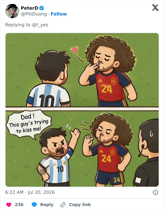 Cartoon of Lionel Messi recoiling from a player making a kissing gesture, illustrating fan opinions on Messi's move. Cartoon of Lionel Messi recoiling from a player making a kissing gesture, illustrating fan opinions on Messi's move.
