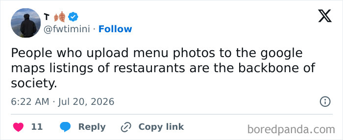 Funny posts: A tweet by @fwtmini stating, 'People who upload menu photos to the google maps listings of restaurants are the backbone of society,' reflecting adult reality.