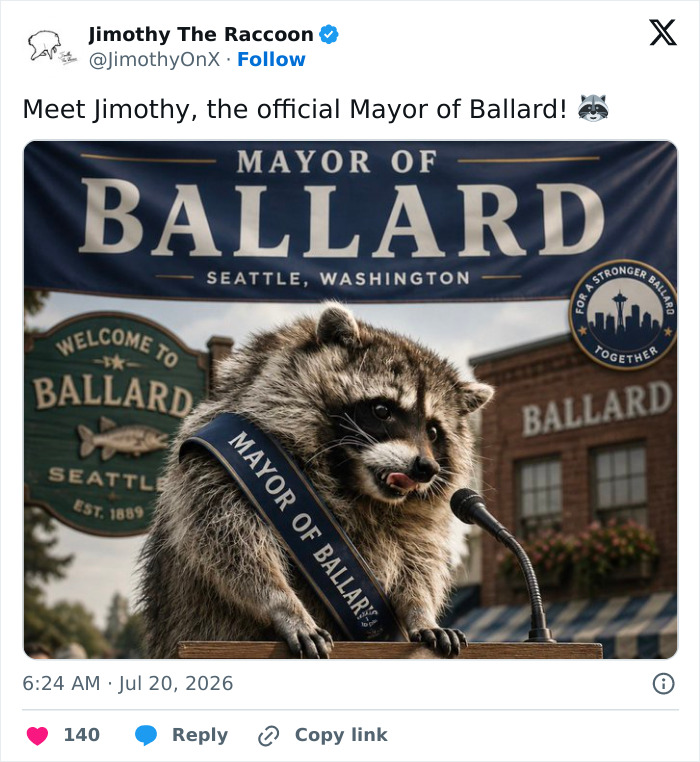 An unusually shaped raccoon named Jimothy at a podium, wearing a 'Mayor of Ballard' sash, a viral Jimothy meme.