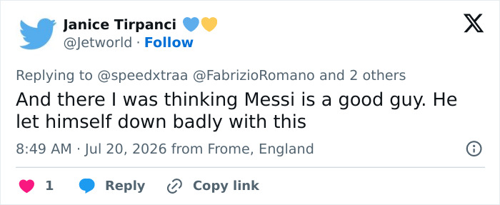Tweet by Janice Tirpanci expressing disappointment in Lionel Messi's perceived shameful move during the World Cup Final. Tweet by Janice Tirpanci expressing disappointment in Lionel Messi's perceived shameful move during the World Cup Final.