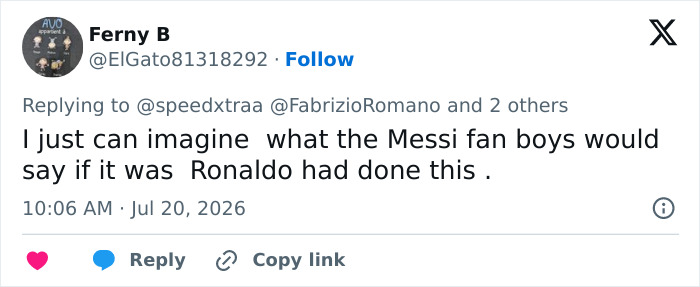 Tweet by Ferny B speculating about fan reaction if Ronaldo made a shameful move like Lionel Messi during the World Cup Final. Tweet by Ferny B speculating about fan reaction if Ronaldo made a shameful move like Lionel Messi during the World Cup Final.