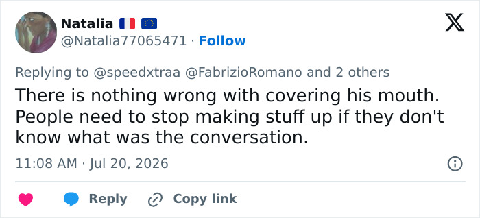 Tweet by Natalia defending Lionel Messi's actions, suggesting no shame in covering his mouth during the World Cup Final. Tweet by Natalia defending Lionel Messi's actions, suggesting no shame in covering his mouth during the World Cup Final.
