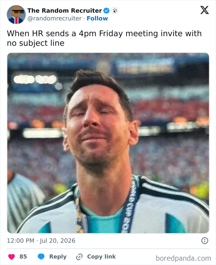 A meme of Lionel Messi looking upset, captioned When HR sends a 4pm Friday meeting invite, depicting the painful realities of 9-to-5 life.
