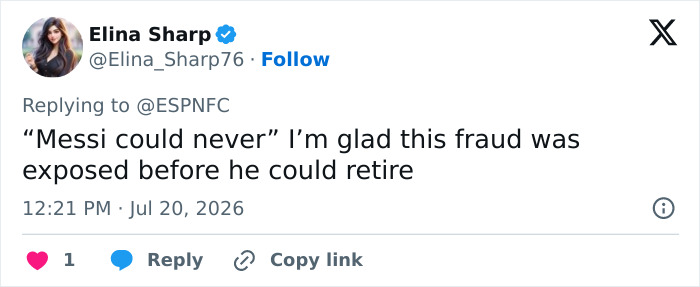 Tweet by Elina Sharp calling Lionel Messi a 'fraud', showing fan turning on Messi after his move during World Cup Final. Tweet by Elina Sharp calling Lionel Messi a 'fraud', showing fan turning on Messi after his move during World Cup Final.