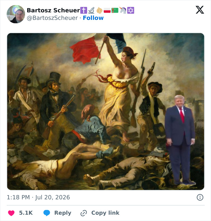 Donald Trump memes joining a French Revolution painting, highlighting a World Cup blunder.
