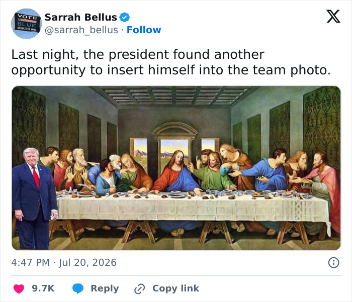 Donald Trump memes in a Last Supper painting, generating World Cup blunder laughter.