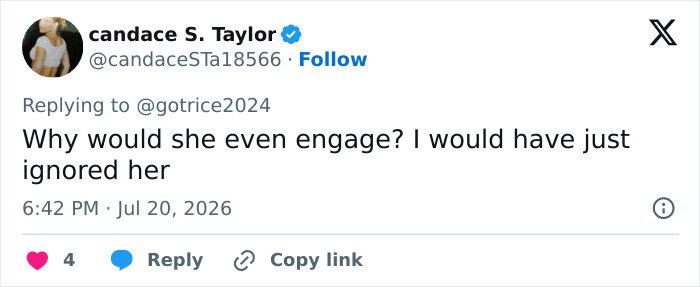 A tweet by Candace S. Taylor asking why the woman would engage with the Gym Karen who demanded the machine.