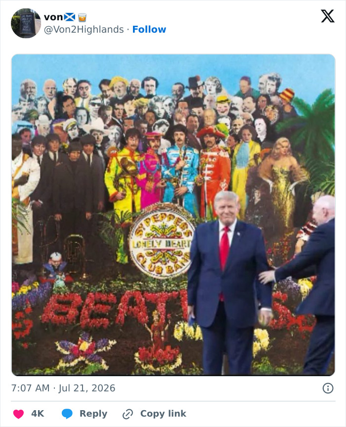 Donald Trump on the Sgt. Pepper album cover, a World Cup blunder meme.