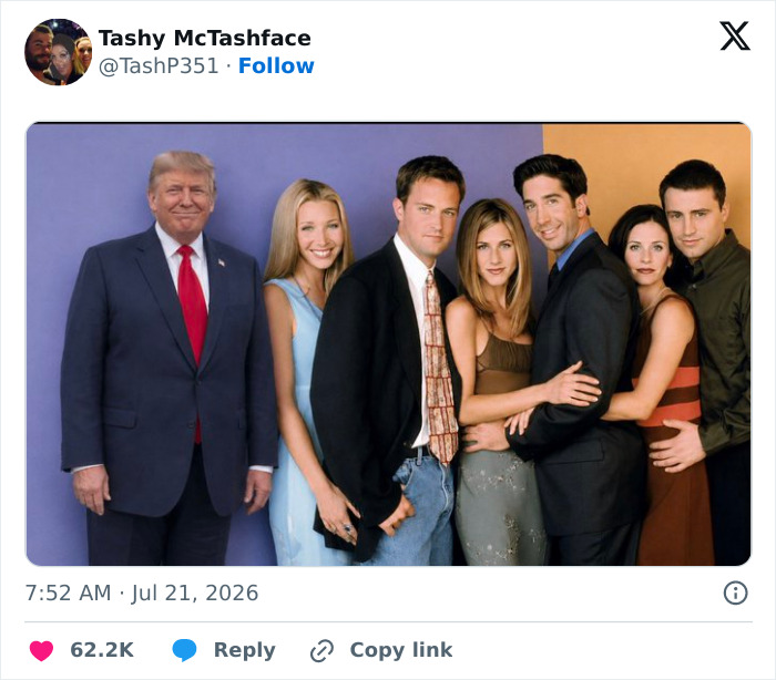 Donald Trump inserted into a Friends cast photo, a World Cup blunder meme.