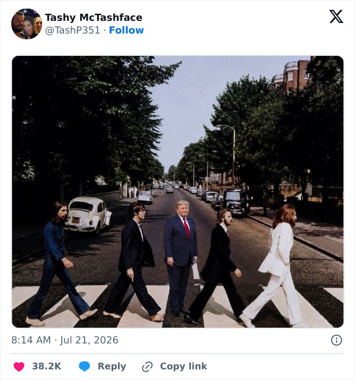 Donald Trump crossing Abbey Road with The Beatles, a World Cup blunder meme.