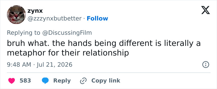 A tweet from @zzzyxnbutbetter discussing a mistake related to Ryan Gosling, emphasizing a metaphor in film.