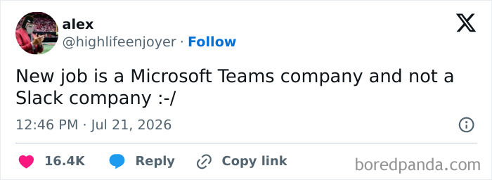 A social media post about the painful realities of 9-to-5 life, lamenting a Microsoft Teams company.