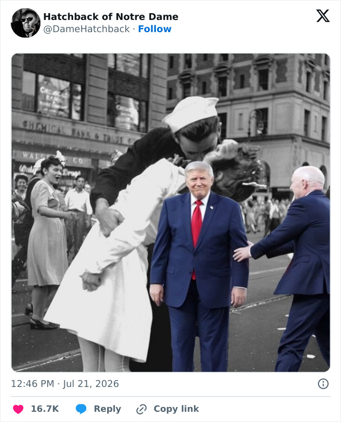 Donald Trump in the V-J Day Times Square kiss photo, a meme from his World Cup blunder.