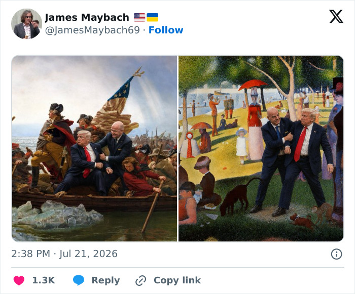Donald Trump memes depicting him in famous historical paintings, creating World Cup blunder humor.