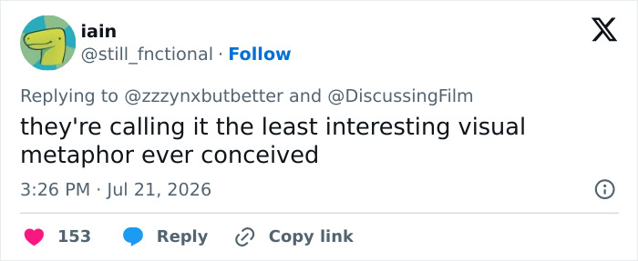 Screenshot of a tweet by iain calling the Ryan Gosling mistake a visual metaphor.
