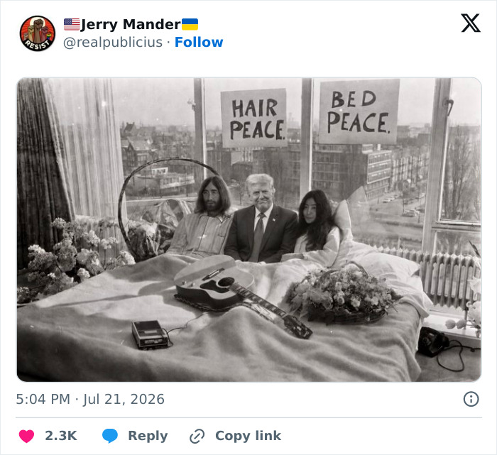 Donald Trump in a bed with John Lennon and Yoko Ono, a meme from a wave of memes after a World Cup blunder.