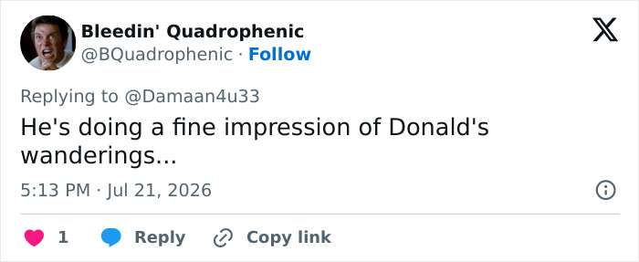 A tweet by Bleedin' Quadrophenic commenting on the Donald Trump body double conspiracy theory. A tweet by Bleedin' Quadrophenic commenting on the Donald Trump body double conspiracy theory.