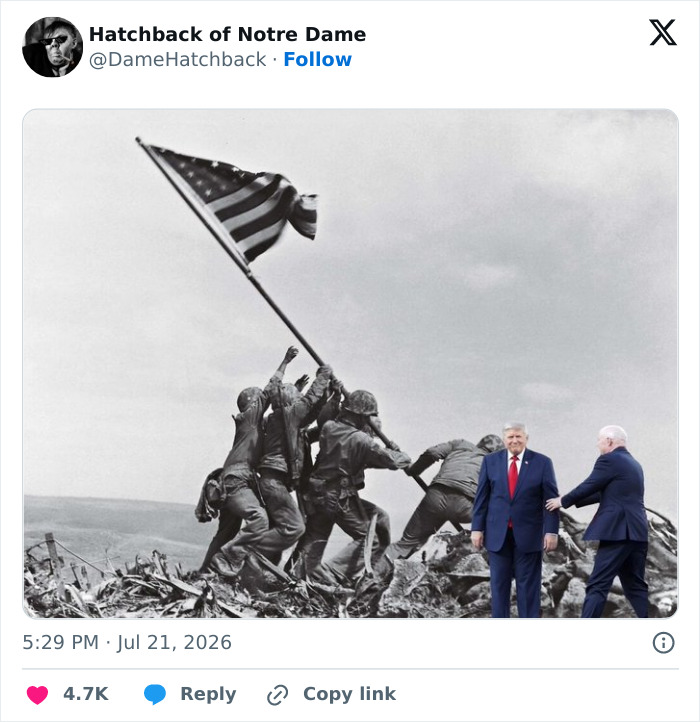 Donald Trump at Iwo Jima flag-raising, part of the World Cup blunder meme collection.