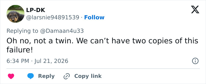 A tweet about a Donald Trump body double conspiracy theory, mentioning 'not a twin'. A tweet about a Donald Trump body double conspiracy theory, mentioning 'not a twin'.