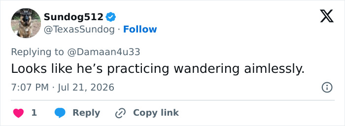A tweet commenting on the Donald Trump body double conspiracy theory, mentioning 'wandering aimlessly'. A tweet commenting on the Donald Trump body double conspiracy theory, mentioning 'wandering aimlessly'.