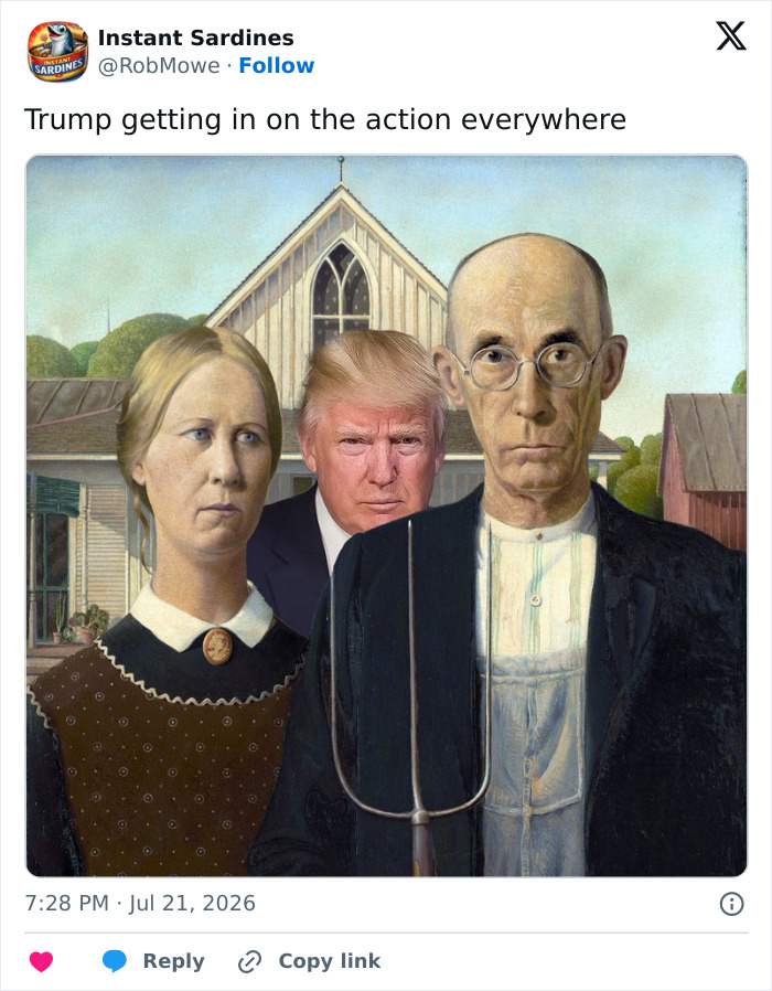 Donald Trump memes with American Gothic farmers, referencing World Cup blunder.