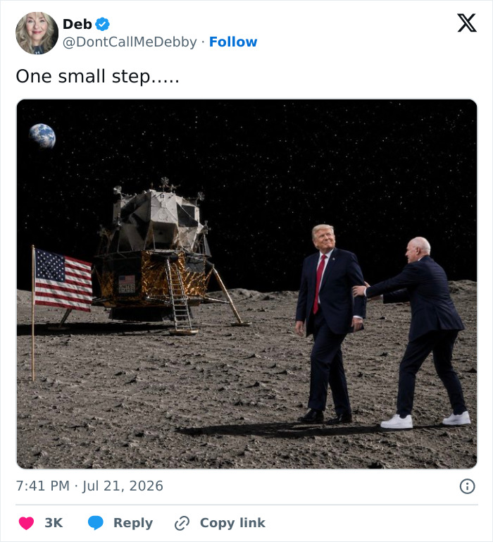 Donald Trump on the moon with a moon lander, an image from the World Cup blunder meme wave.