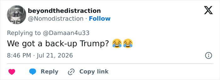 A tweet by beyondthedistraction humorously questioning the Donald Trump body double conspiracy theory. A tweet by beyondthedistraction humorously questioning the Donald Trump body double conspiracy theory.