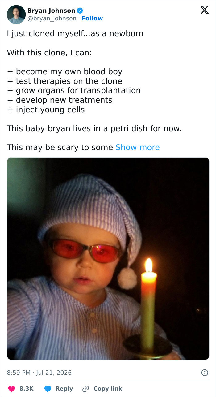 Screenshot of Bryan Johnson's tweet showing a baby with sunglasses and a sleep cap, hinting at a baby clone. Screenshot of Bryan Johnson's tweet showing a baby with sunglasses and a sleep cap, hinting at a baby clone.