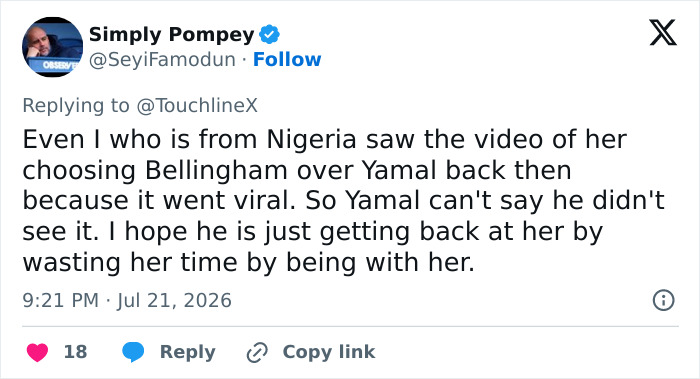 Tweet screenshot about Lamine Yamal's girlfriend choosing another player over him. Tweet screenshot about Lamine Yamal's girlfriend choosing another player over him.