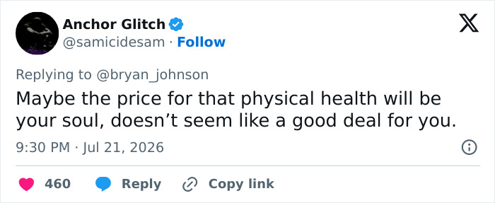Screenshot of a tweet from Anchor Glitch replying to Bryan Johnson about cloning himself as a baby Screenshot of a tweet from Anchor Glitch replying to Bryan Johnson about cloning himself as a baby