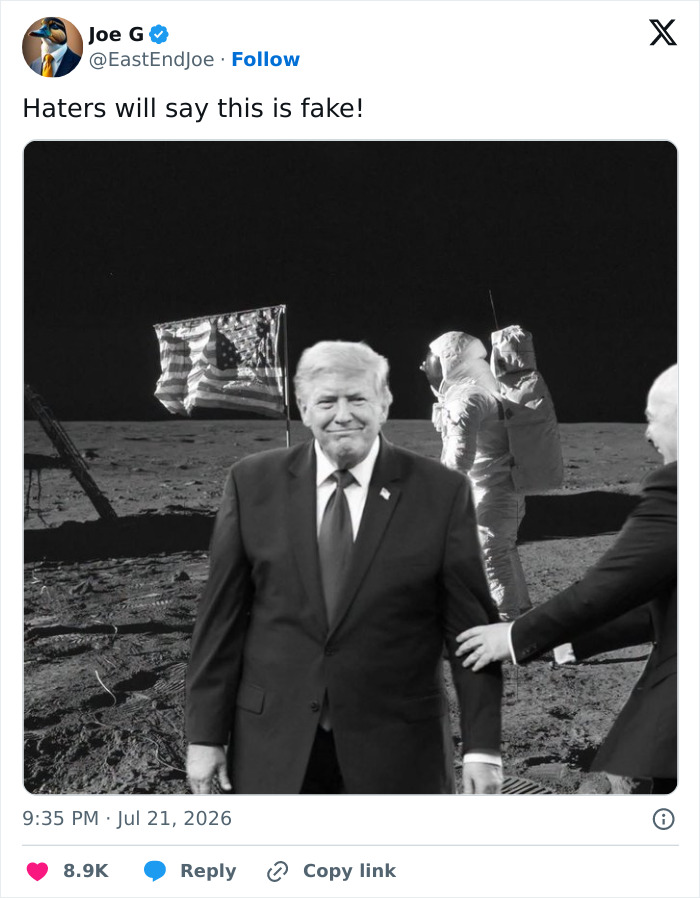 Donald Trump memes on the moon with an astronaut, targeting World Cup blunder.