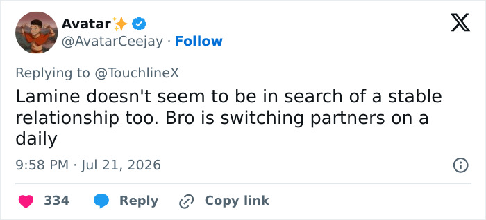Screenshot of a tweet by Avatar discussing Lamine Yamal's stable relationship and girlfriend's comments. Screenshot of a tweet by Avatar discussing Lamine Yamal's stable relationship and girlfriend's comments.