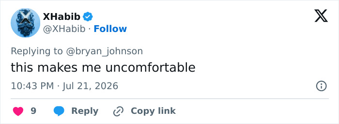 A Twitter reply from XHabib expressing discomfort about biohacker Bryan Johnson and his baby cloning reveal. A Twitter reply from XHabib expressing discomfort about biohacker Bryan Johnson and his baby cloning reveal.