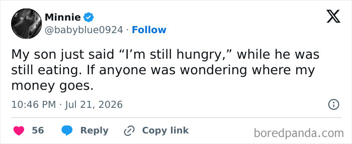 Funny meme about raising kids: A tweet about a son saying Im still hungry while eating.