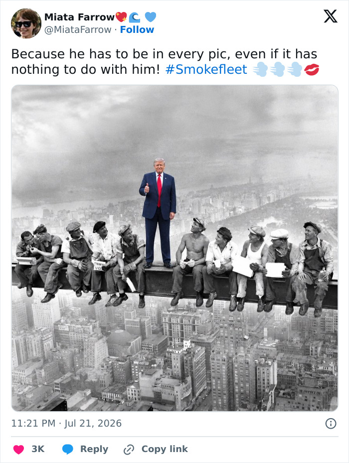 Donald Trump on a skyscraper beam with construction workers, another meme in a wave after a World Cup blunder.
