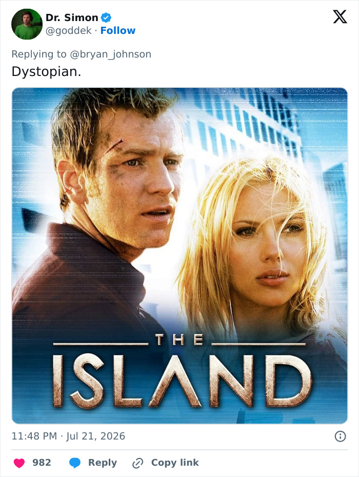 Biohacker Bryan Johnson, The Island movie poster, depicting two main characters for a story about cloning. Biohacker Bryan Johnson, The Island movie poster, depicting two main characters for a story about cloning.