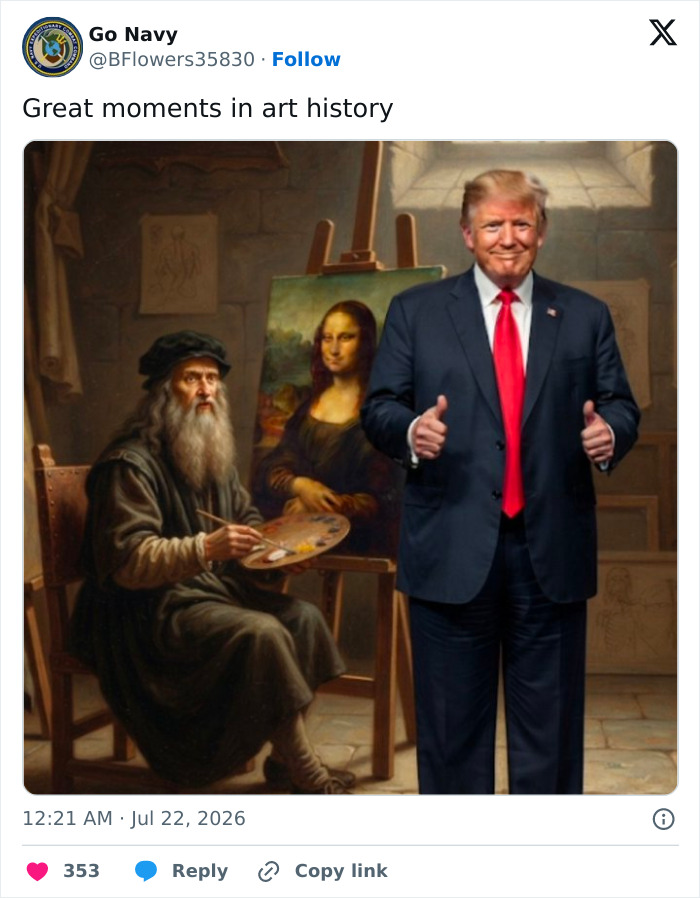 Donald Trump gives a thumbs-up next to Leonardo da Vinci and the Mona Lisa, featured in new World Cup blunder memes.