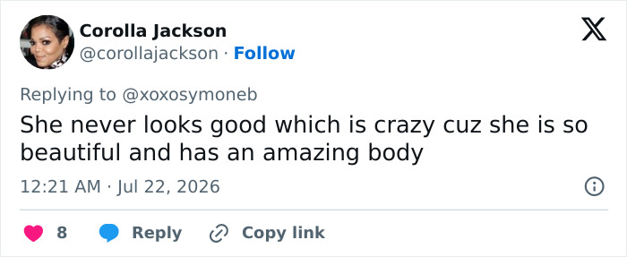 A screenshot of a tweet from Corolla Jackson commenting on Taraji P. Henson's past appearance in a dress with extreme cleavage.