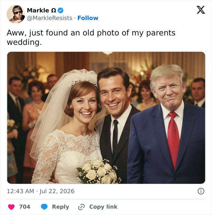 Donald Trump in a wedding photo, part of a new wave of memes after a World Cup blunder.