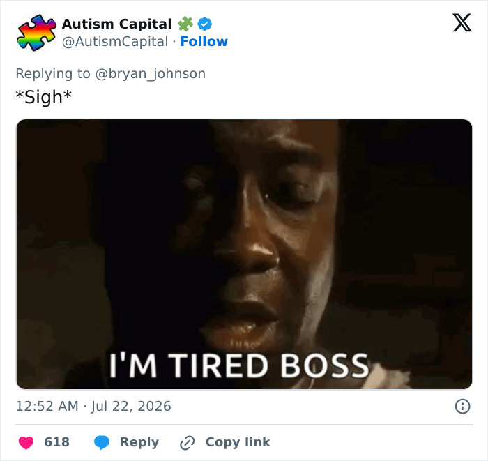 Biohacker Bryan Johnson, exhausted man in a GIF with the caption 'I'M TIRED BOSS', reacting to cloning news. Biohacker Bryan Johnson, exhausted man in a GIF with the caption 'I'M TIRED BOSS', reacting to cloning news.