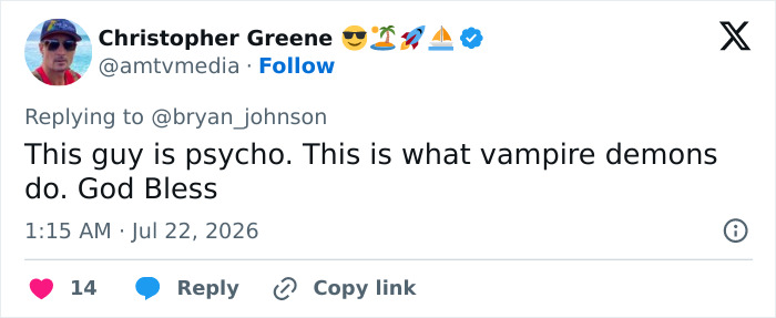 A Twitter reply from Christopher Greene calling biohacker Bryan Johnson psycho for his baby cloning reveal. A Twitter reply from Christopher Greene calling biohacker Bryan Johnson psycho for his baby cloning reveal.