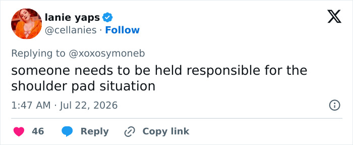 Screenshot of a viral post from @cellanies with scrutiny over a shoulder pad situation.