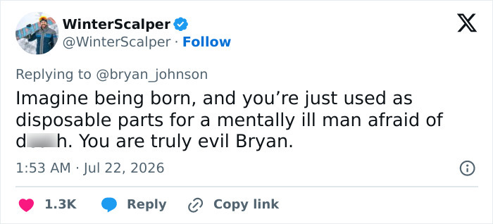 A tweet responding to Bryan Johnson, criticizing his supposed cloning efforts and the ethical implications of biohacking. A tweet responding to Bryan Johnson, criticizing his supposed cloning efforts and the ethical implications of biohacking.