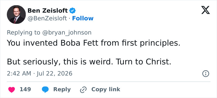 Screenshot of a tweet from Ben Zeisloft replying to Bryan Johnson about cloning himself as a baby Screenshot of a tweet from Ben Zeisloft replying to Bryan Johnson about cloning himself as a baby
