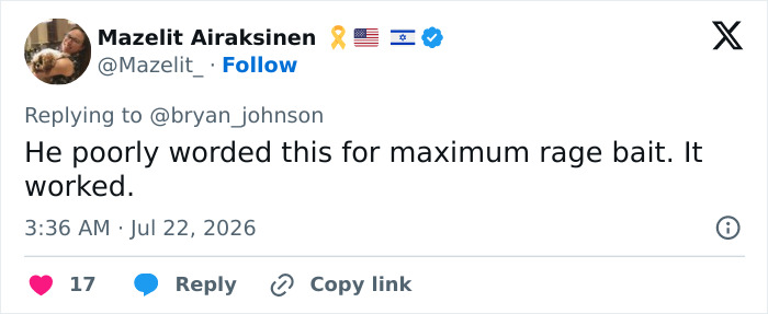 A Twitter reply from Mazelit Airaksinen about biohacker Bryan Johnson and his baby cloning reveal. A Twitter reply from Mazelit Airaksinen about biohacker Bryan Johnson and his baby cloning reveal.